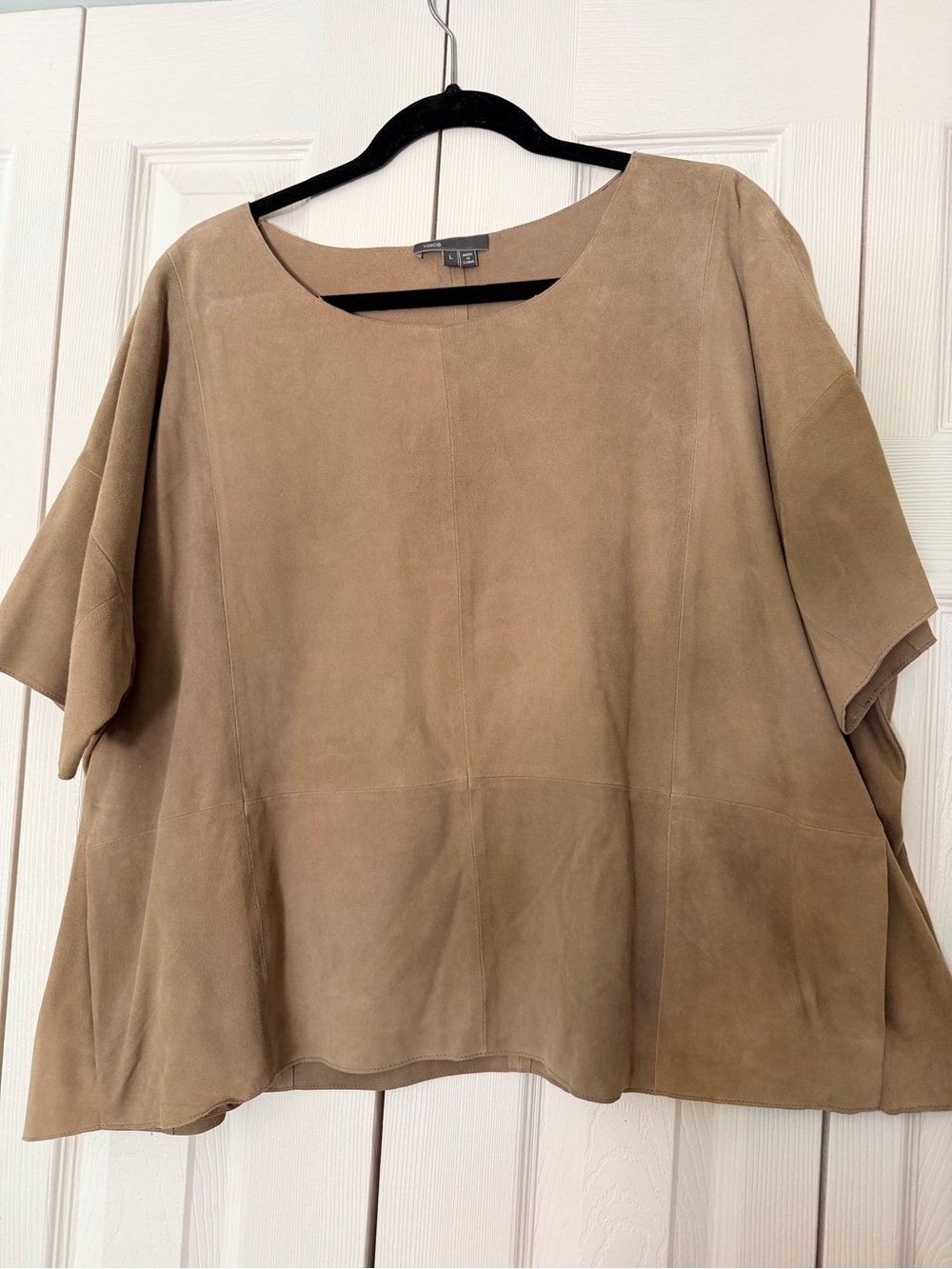 Vince Suede Leather Short-Sleeve Boxy Top in Taupe Size Large